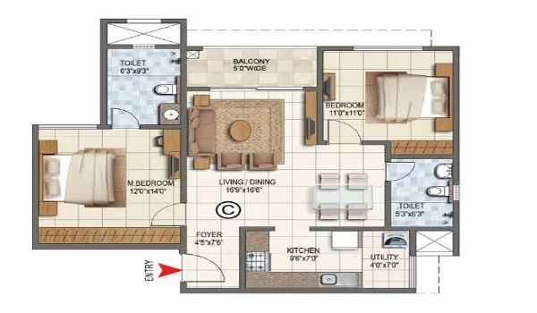 Brigade Golden Heights 3 BHK Apartment Floor Plan